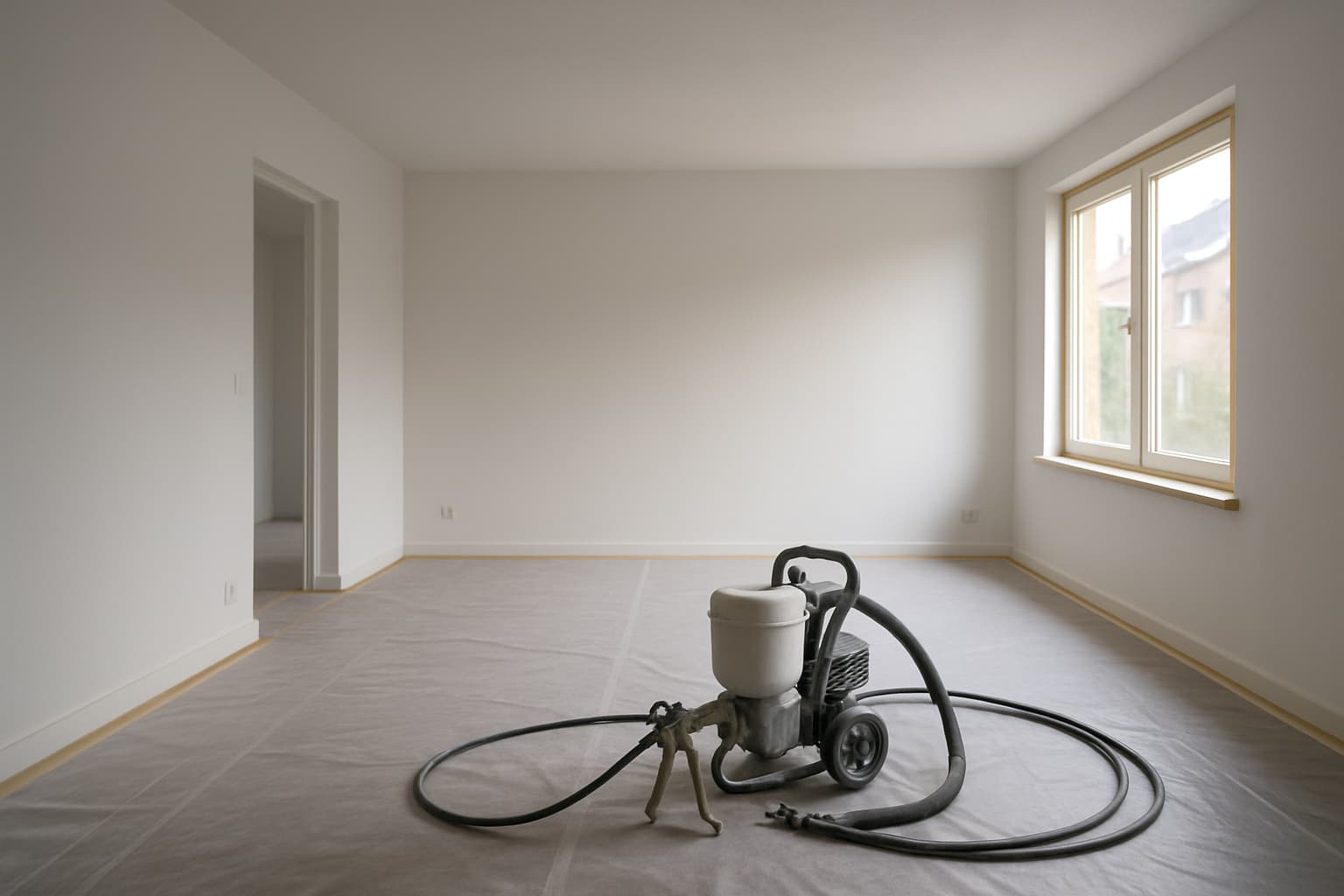 Lege kamer met gladde witte wanden, afgeplakte kozijnen en afdekfolie op de vloer, met een verfspuit en slang klaar voor het spuiten van latex.