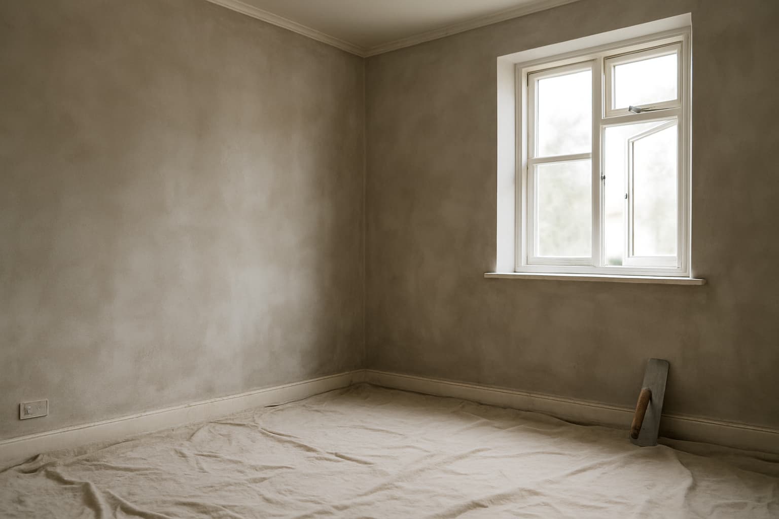 Lege kamer met versgestuukte wanden waarop lichtere en donkere vochtplekken zichtbaar zijn tijdens het drogen, met daglicht door het raam en een stucspaan tegen de muur.
