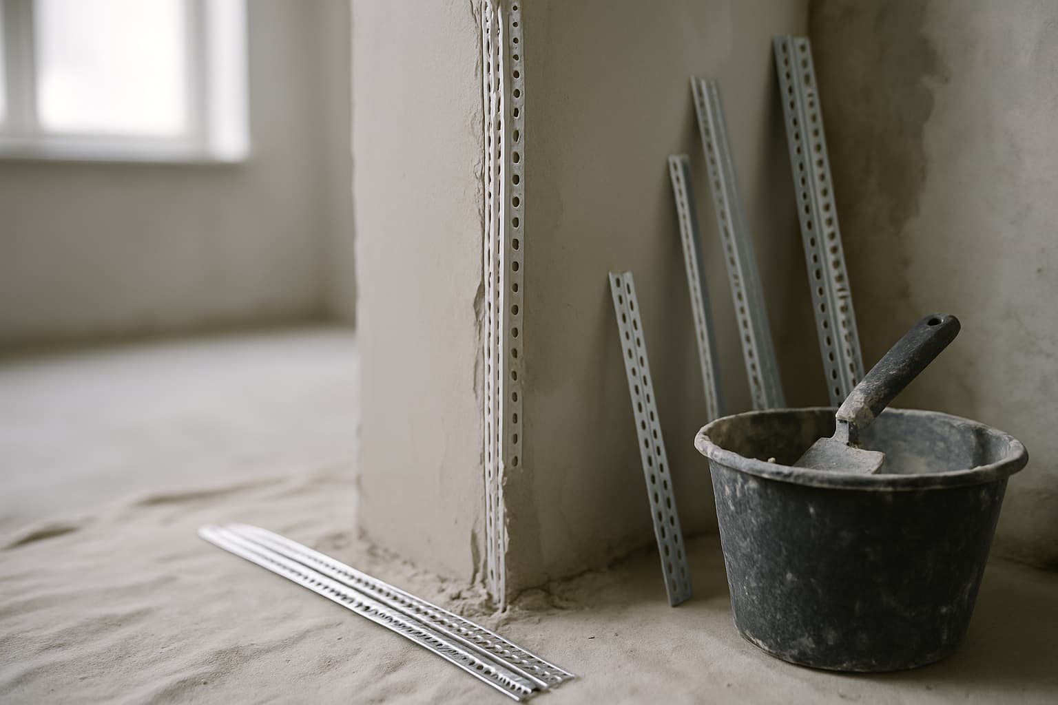 Detail van een gestuukte wandhoek met hoekprofiel in het pleisterwerk, met losse kunststof en metalen profielen en een spaan op de vloer