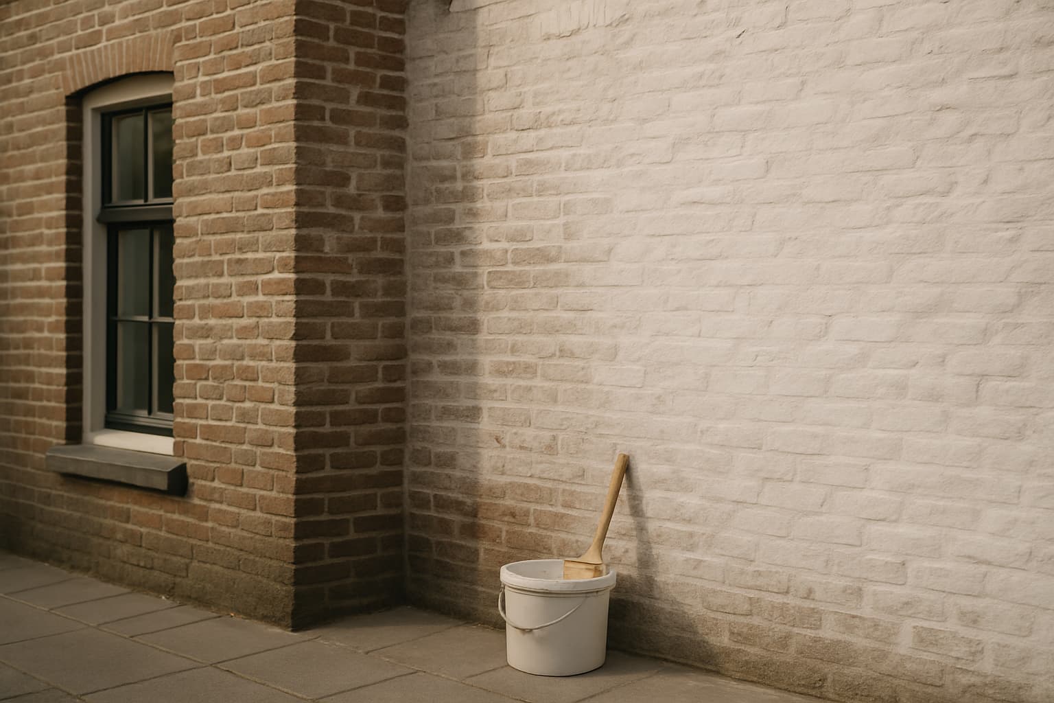 Bakstenen buitenmuur met dunne witte kalklaag waar de steenstructuur doorheen zichtbaar blijft, met een kwast en emmer kalkmengsel tegen de muur