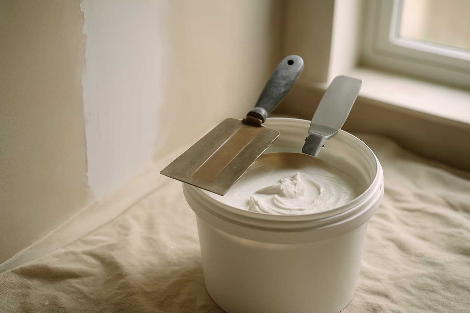 Emmer kant-en-klare stucpasta met plamuurmes en spackspaan voor een deels afgewerkte wand, in natuurlijk daglicht