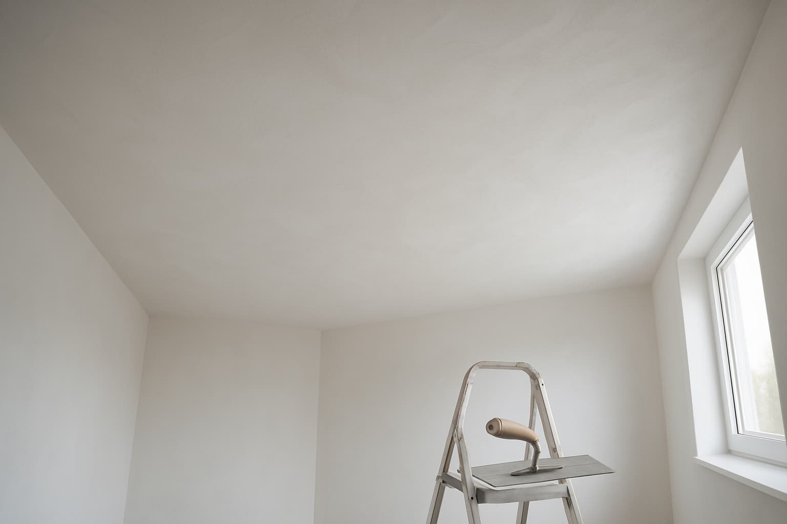 Gladde witte plafondafwerking in een lichte moderne ruimte, met een pleisterspaan op een steiger die de vakkundige stucwerktechniek toont.