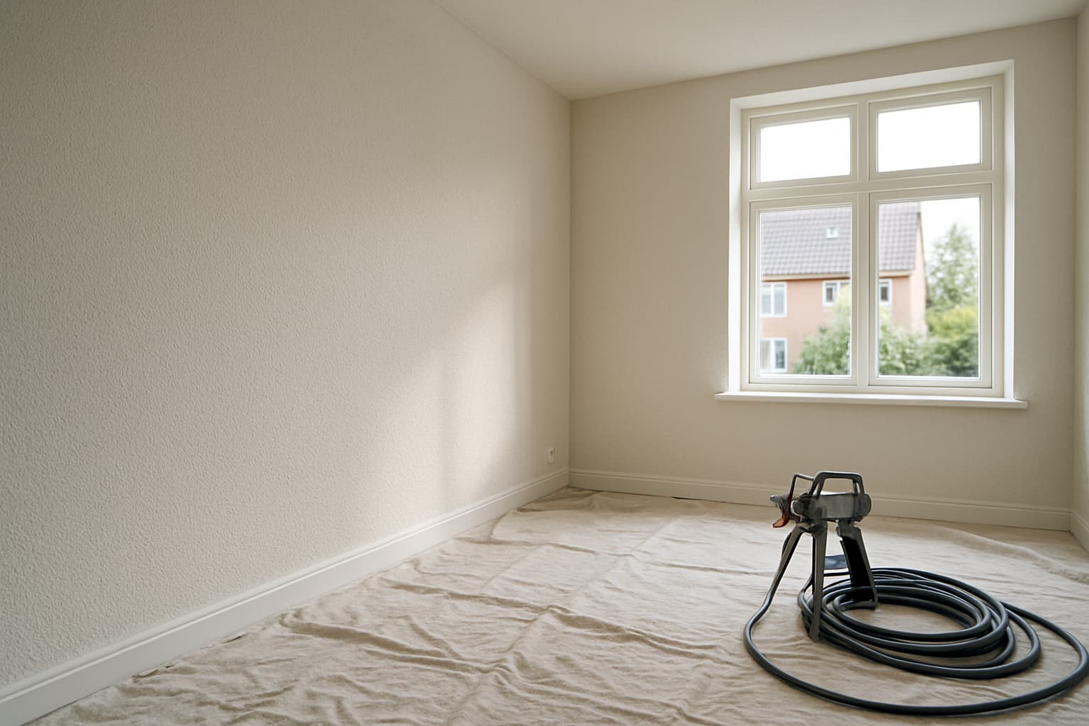Lege woonkamer met licht gespoten muren met fijne korrelstructuur, verlicht door daglicht, met spuitpistool en afdekzeil op de vloer