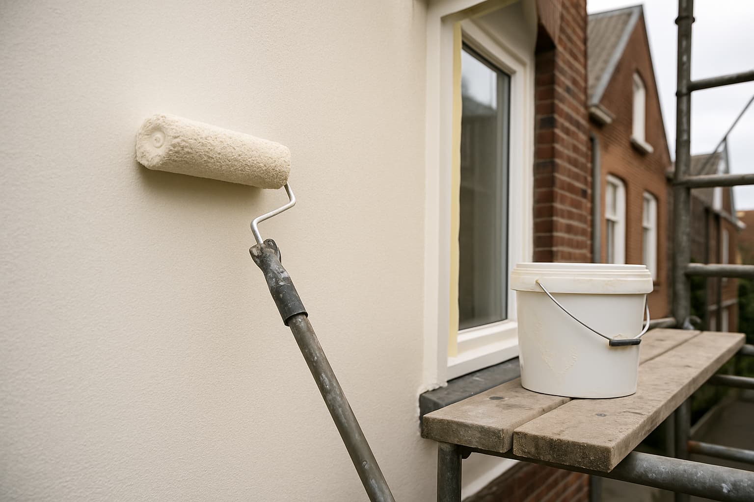 Buitenmuur van een woning wordt geverfd met gevelverf; verfroller en emmer op een steiger bij een gestucte façade in daglicht.