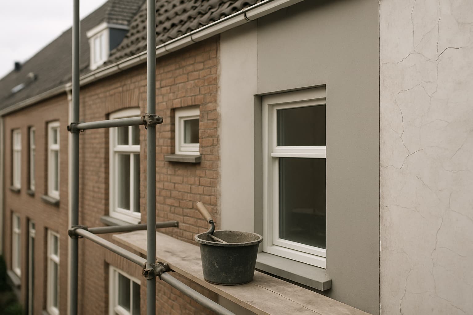 Gevel van een woning tijdens renovatie, met verweerd stucwerk naast een pas gestucte wand, steiger en gereedschap in daglicht