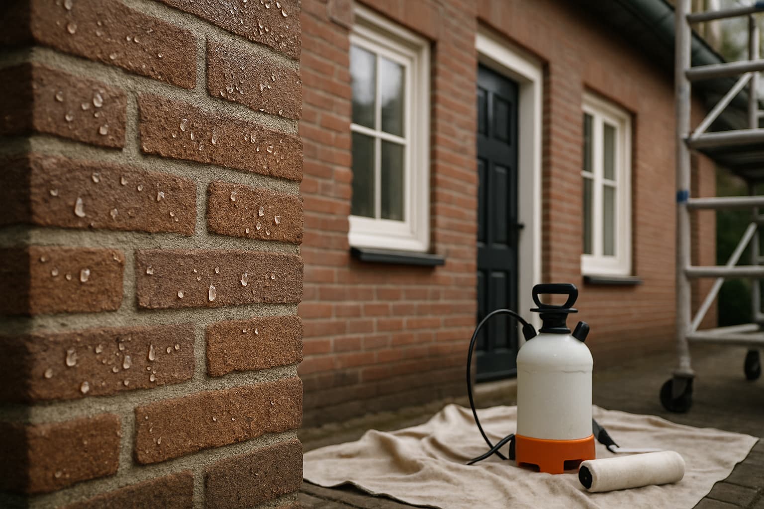 Bakstenen gevel van een woning met waterdruppels op het oppervlak, een lagedrukspuit en roller op een dekzeil ervoor en een deel van een steiger aan de zijkant.
