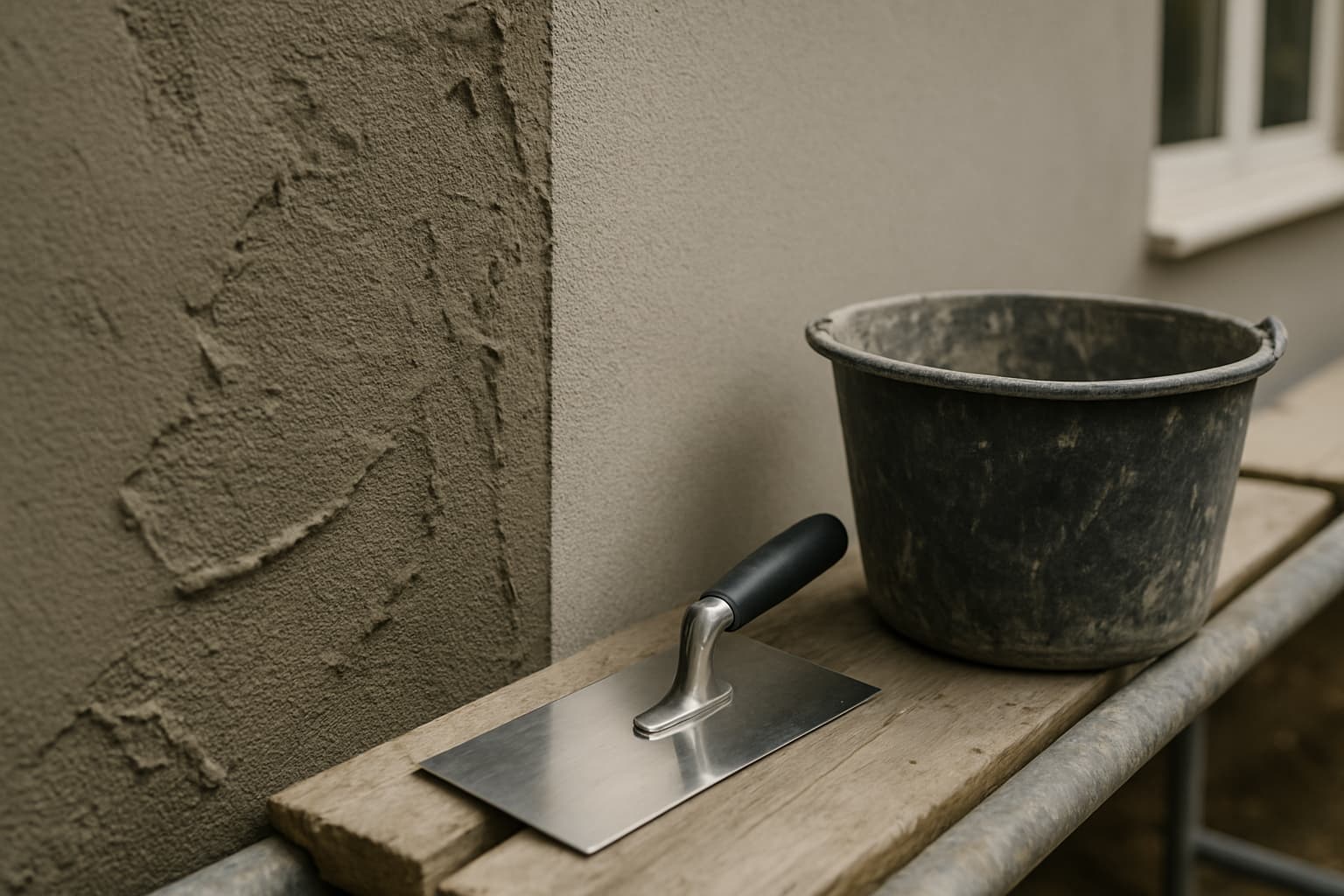 Buitenmuur van een woning gedeeltelijk voorzien van verse grijze kalkcement-stucmortel, met een troffel en mortelkuip op een steiger in daglicht