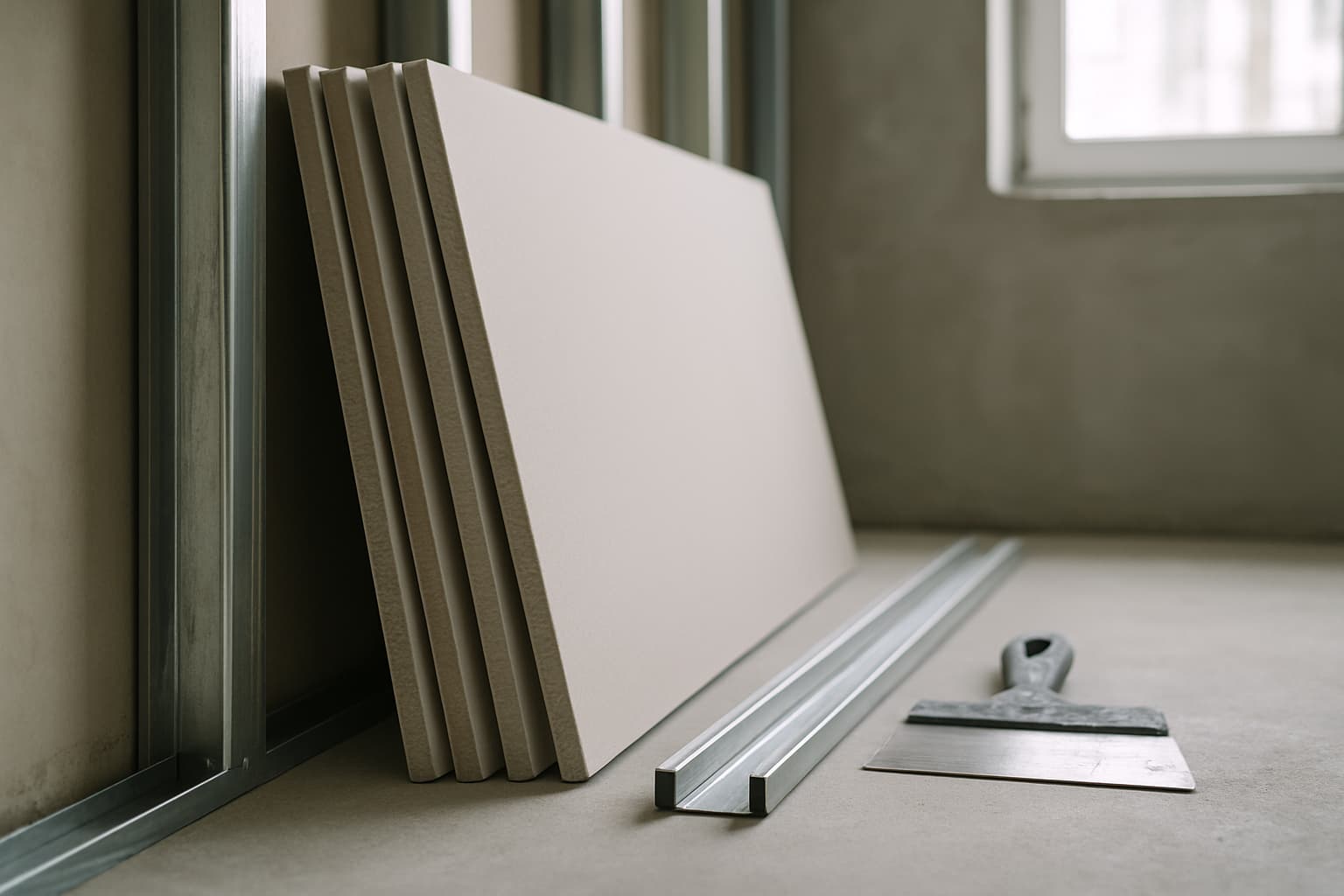 Stapel gipsplaten met zichtbare snijkanten in verschillende diktes tegen een metalen stelwand in een onafgewerkte ruimte, met daglicht en een plamuurmes op de vloer.