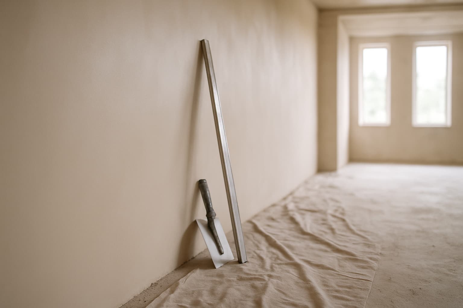 Lange, pas gestucte gladde wand in een lege ruimte met strijklicht van zijramen, met een lange rei en stucspaan tegen de muur.