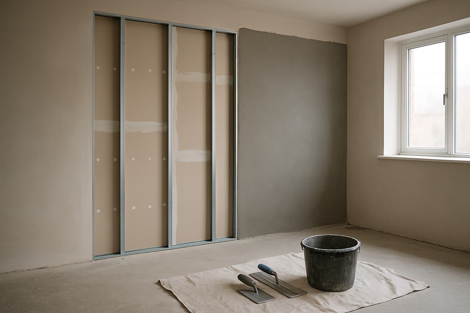 Nieuw gebouwde binnenmuur met gipsplaten en metalstud-frame, deels afgewerkt met grijze stuclaag, met stucgereedschap op de vloer in een lege ruimte met daglicht.