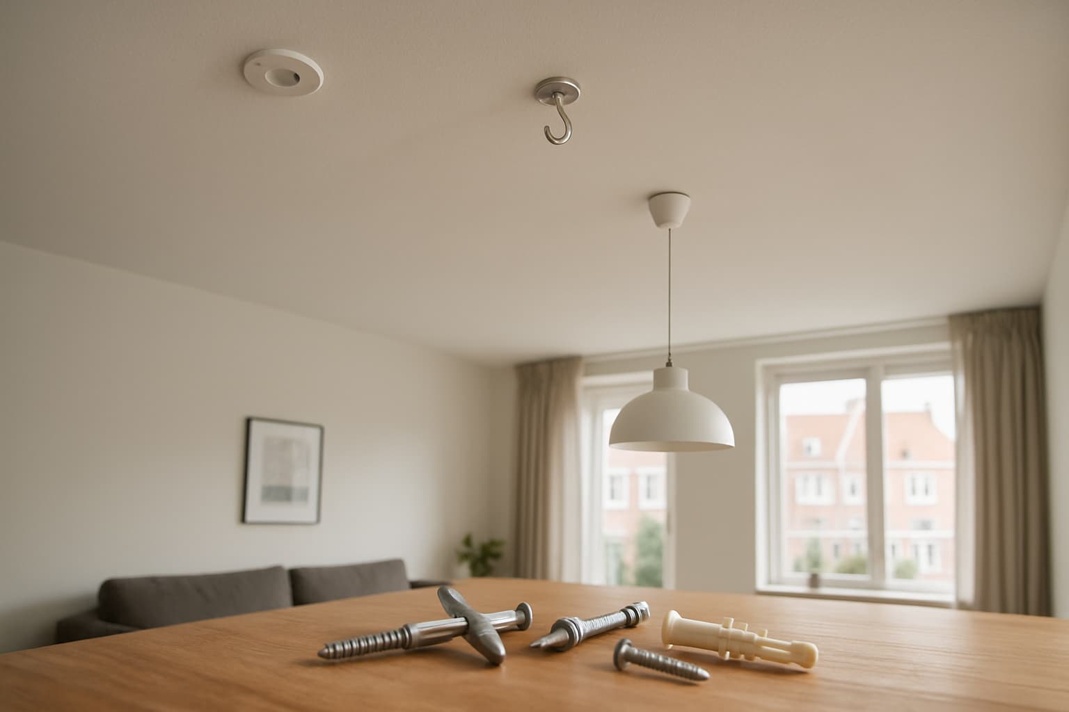 Gestuct wit plafond met plafondhaak en aansluitpunt waaraan een eenvoudige hanglamp hangt, met pluggen en gipsplaatankers op een tafel op de voorgrond