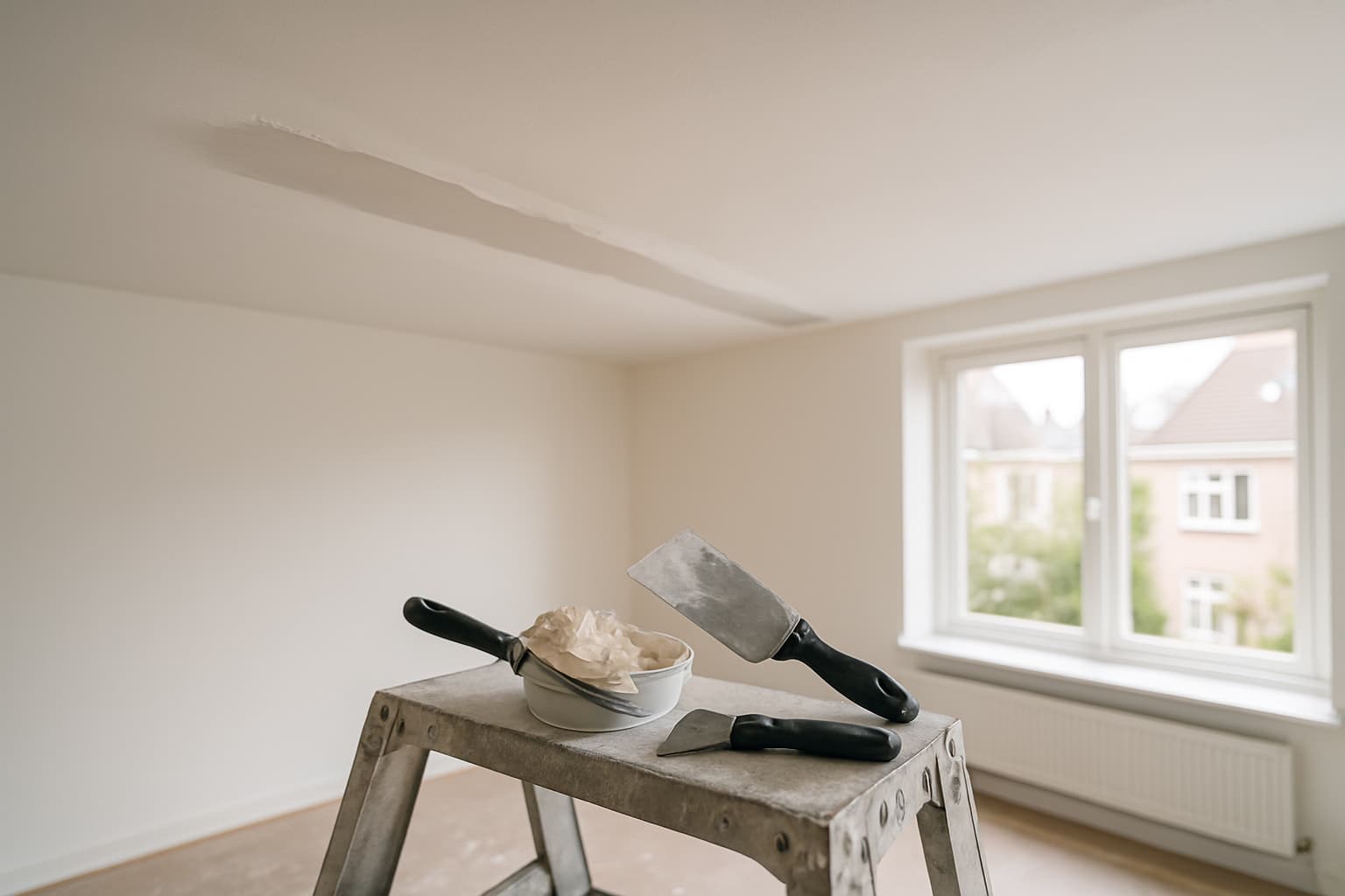 Wit gestuct plafond met een weggewerkte kabelgoot, daaronder een trapladder met stucgereedschap en vulmes in daglicht.