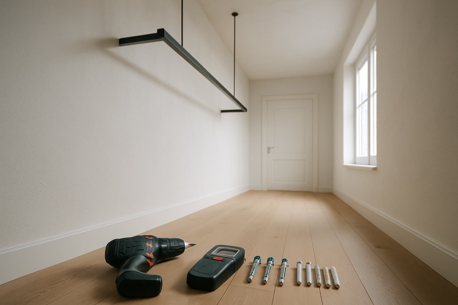 Lichte hal met gladgestukt wit plafond waaraan een strakke ophangrail hangt, met daaronder een boormachine, leidingzoeker en pluggen op de vloer