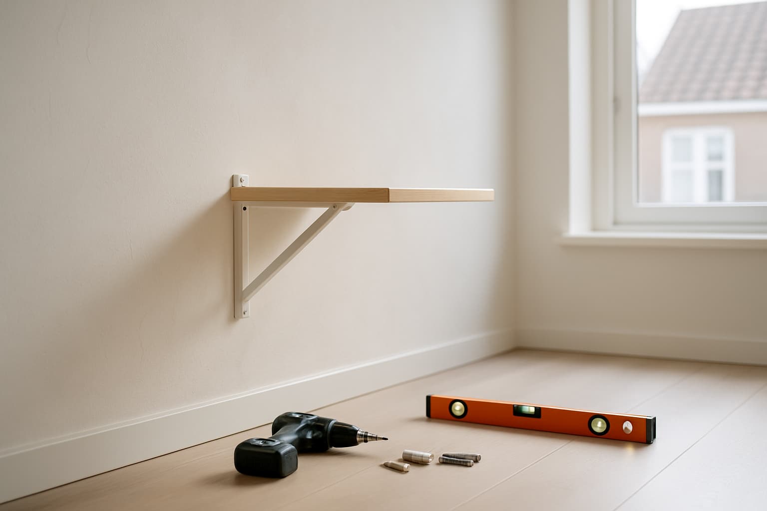 Lichte kamer met gestucte witte wand waaraan een houten klaptafel met metalen beugels is bevestigd, met boormachine, pluggen en waterpas op de vloer.