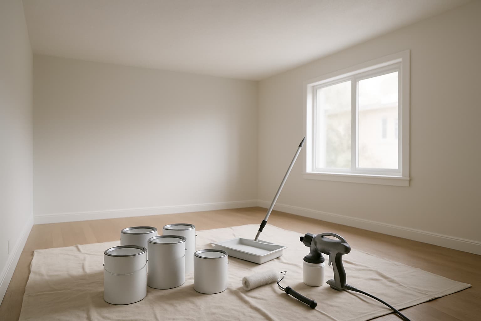 Lichte lege kamer met een glad wit plafond, met op een afdekzeil verfemmers, een roller met verlengsteel, verfbak en een verfspuit