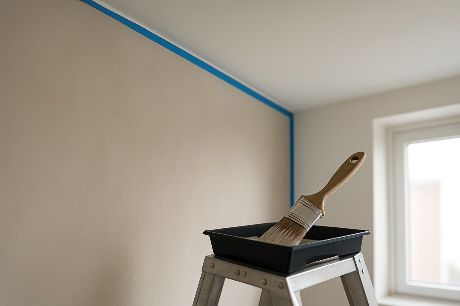 Close-up van de overgang tussen muur en plafond met afplaktape en een snijkwast op een trapje, in daglicht