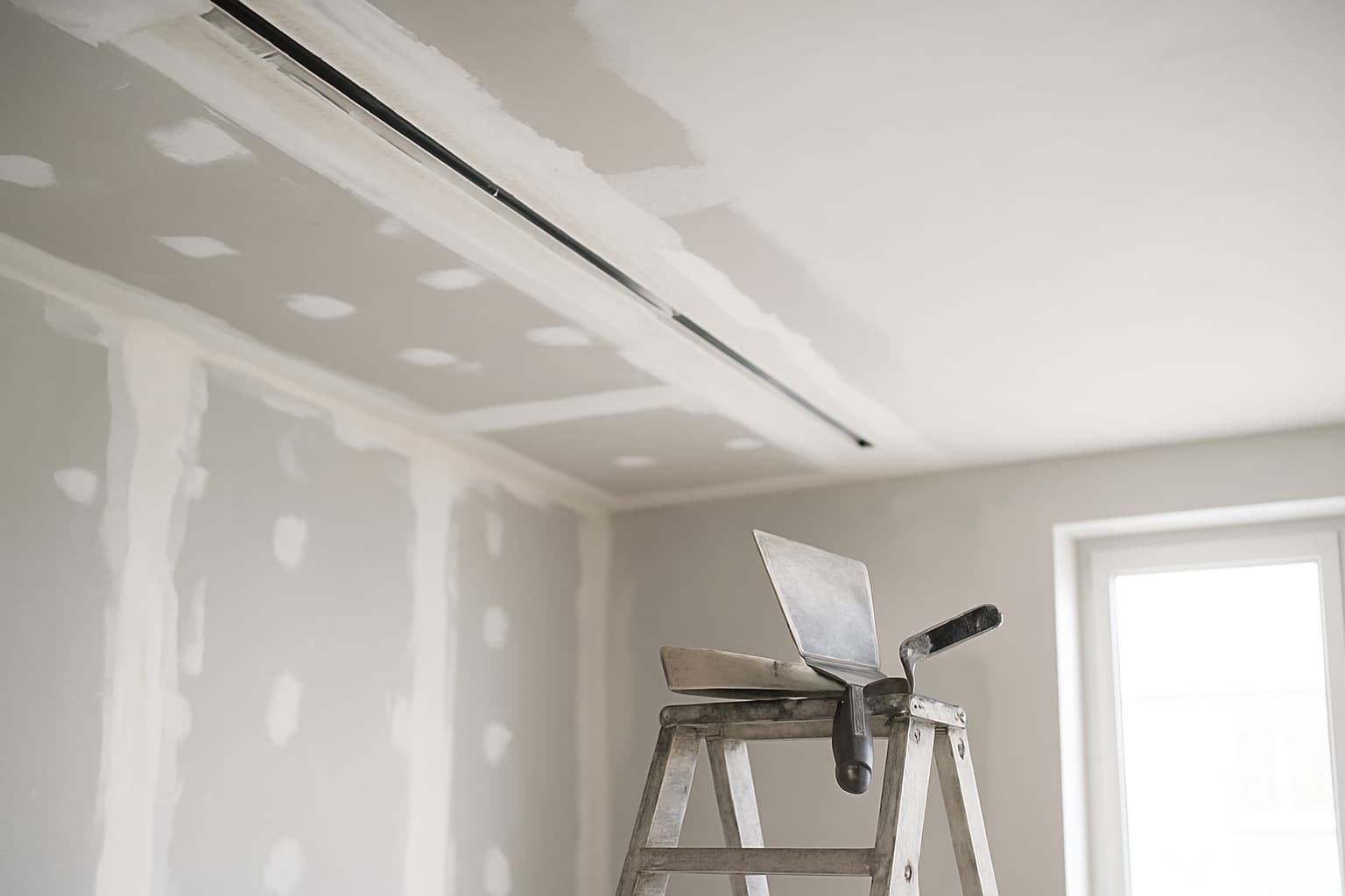 Plafond in renovatie met een weggewerkte kabelgoot in een sleuf, deels afgesmeerd met vulmiddel, naast een glad gestuct plafonddeel met stucgereedschap op een trapladder