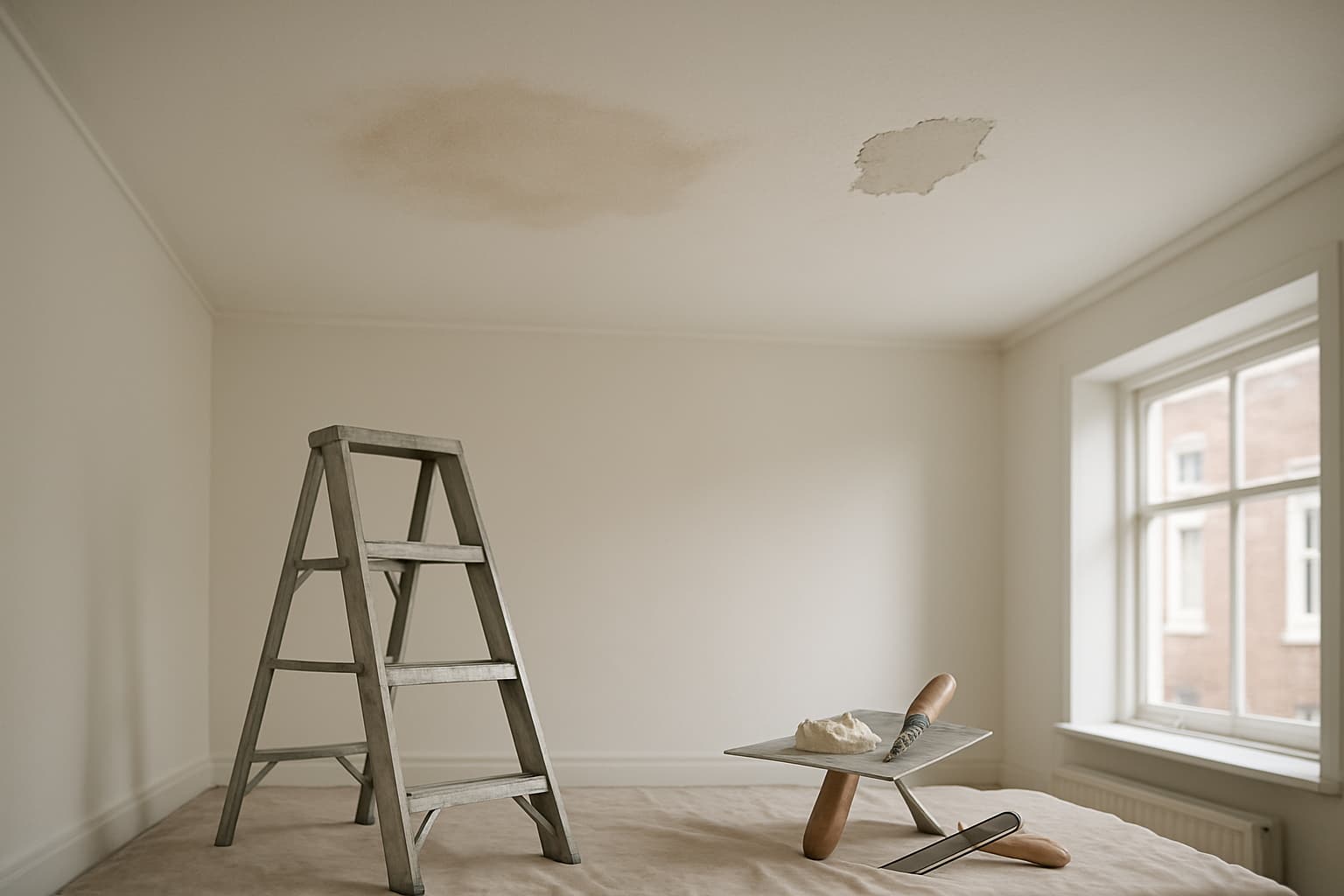 Wit plafond met een lichte vochtvlek en een opengemaakt stuk stucwerk, met een trapladder, spackmes en stofdoek eronder in daglicht