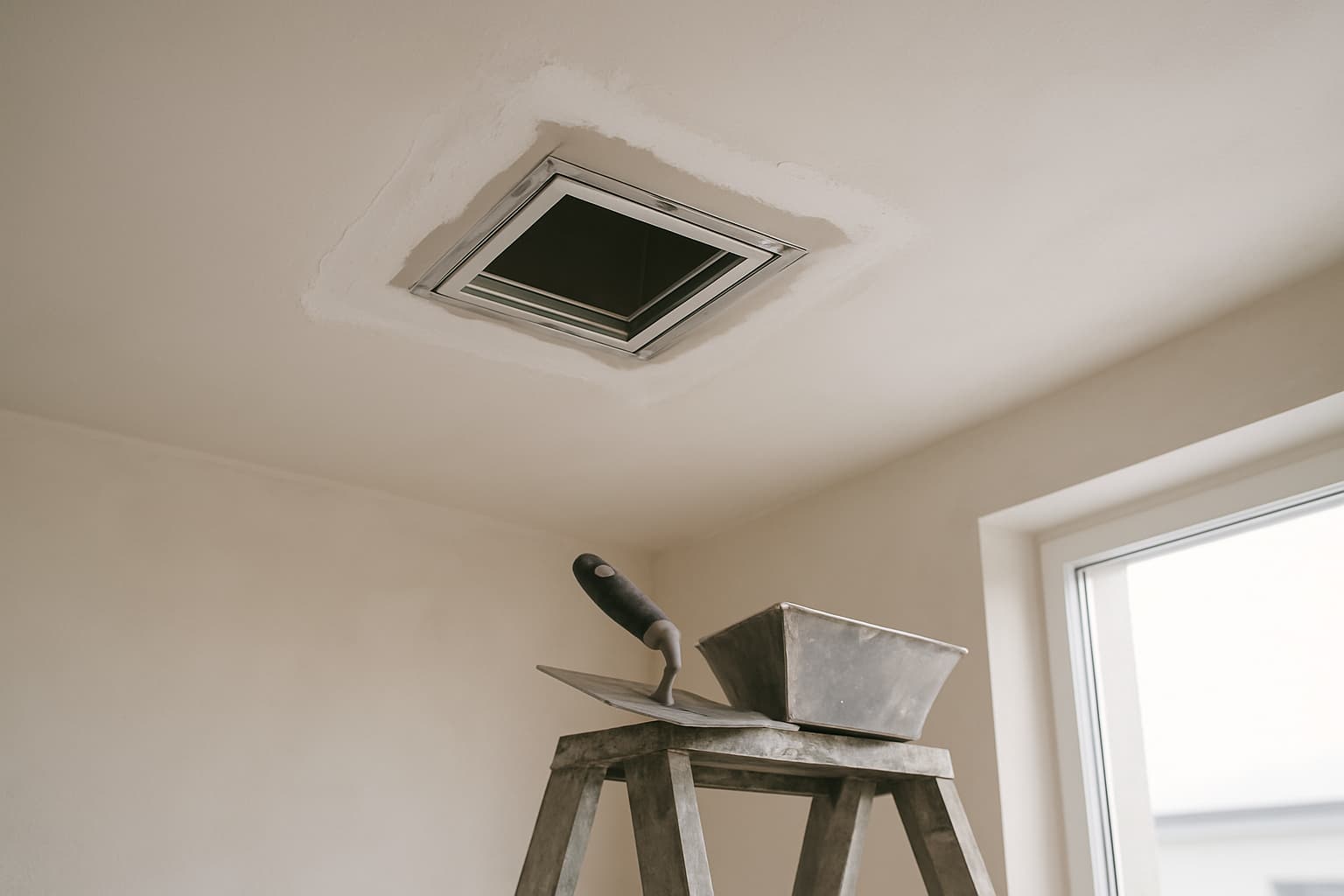 Wit gestuukt plafond met een vierkante inbouwopening voor een ventilatierooster, met inbouwframe en wapeningsband langs de rand en stukadoorsgereedschap op een trapladder.