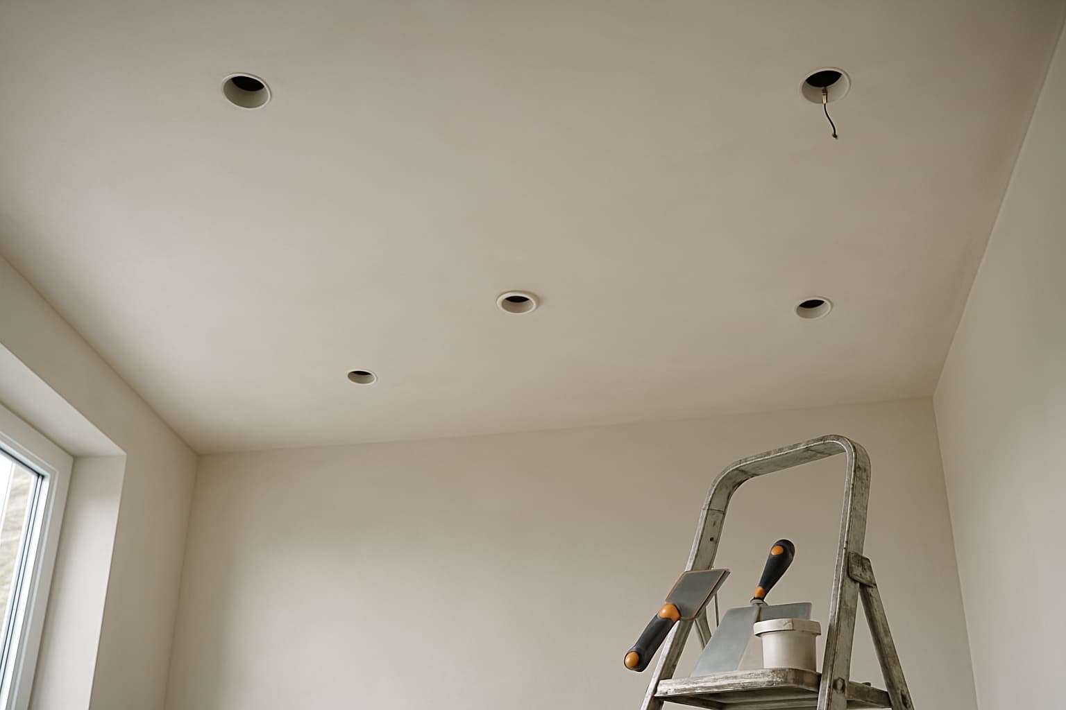 Glad gestuct wit plafond met uitsparingen voor inbouwspots, een ventilatiedoorvoer en een kabeluitgang, met een trapje en stucgereedschap in de hoek van de ruimte