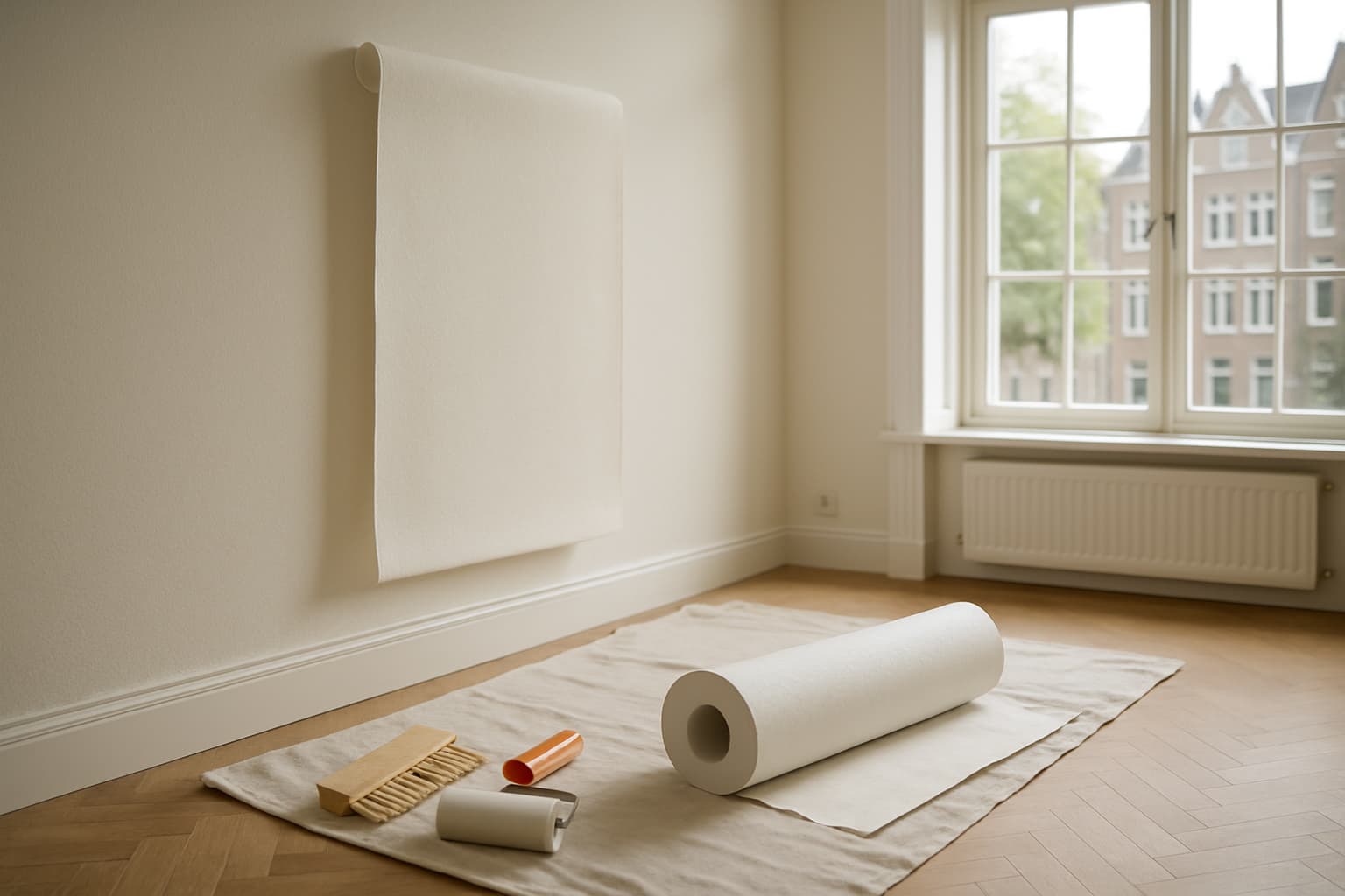 Lichte woonkamer waar dik wit renovlies vliesbehang deels op de wand is aangebracht, met behangkwast en rol op een dekzeil in daglicht