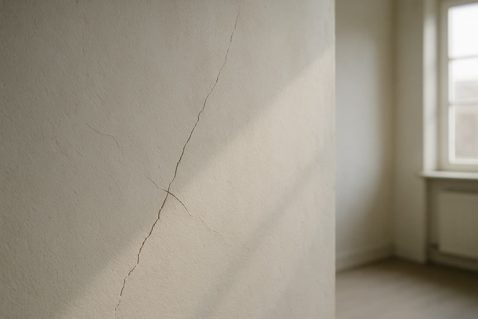 Close-up van een gestucte binnenmuur met een haarscheur en een bredere diagonale scheur, verlicht door strijklicht van een zijraam.