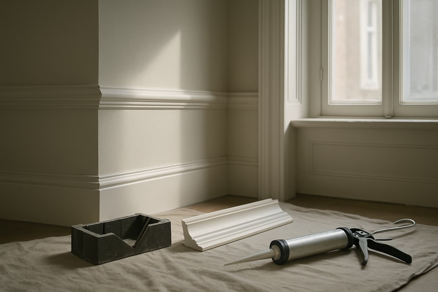 Detail van een witte sierlijst op de overgang van wand naar plafond in een lichte kamer, met een verstekbak, een stuk sierprofiel en een kitpistool op de vloer