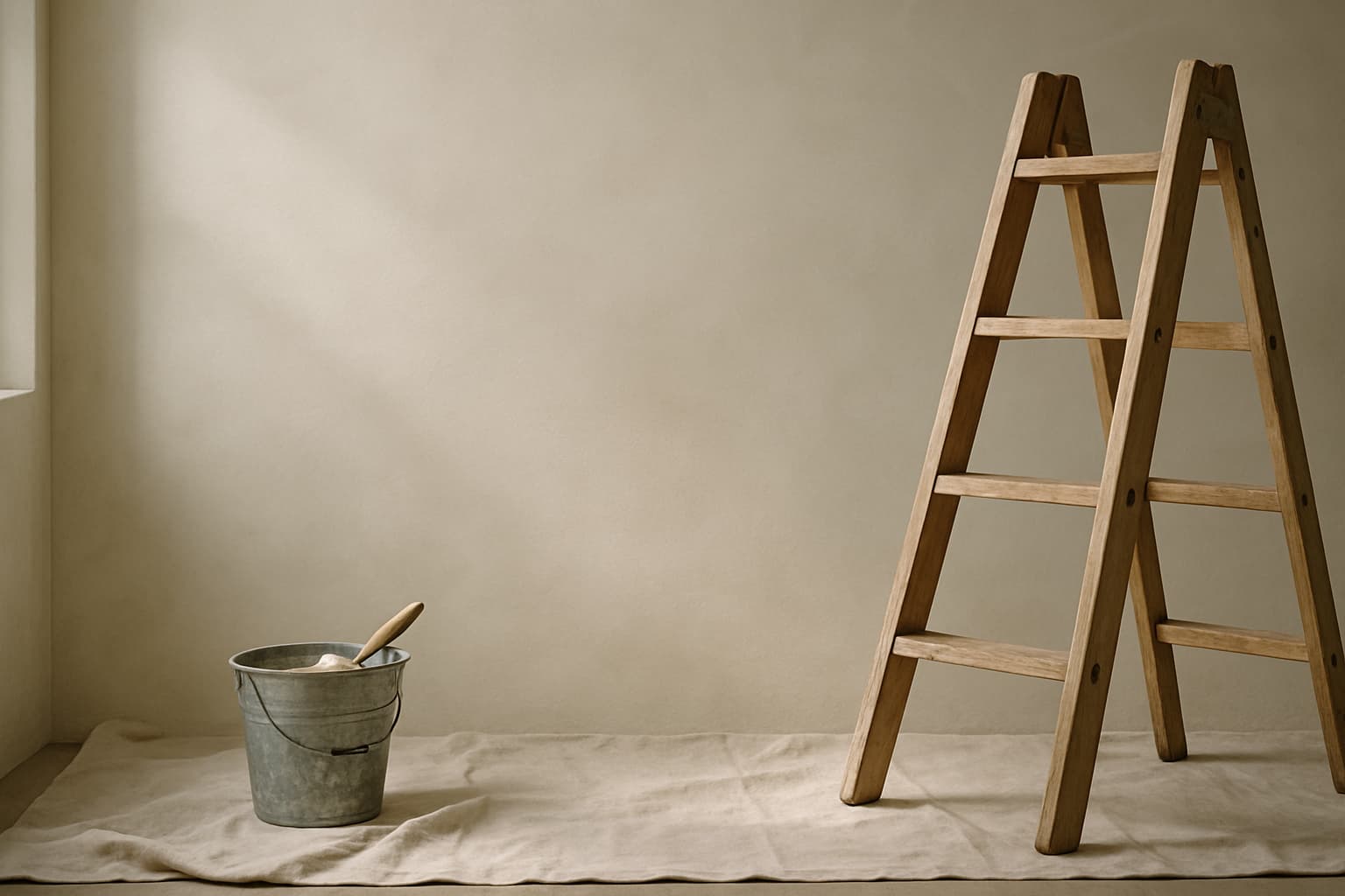 Gestucte wand met matte kalkverf in warm gebroken wit, met zacht wolkerig kleurverloop in strijklicht en op de voorgrond een verfemmer met brede kwast op een stofdoek.