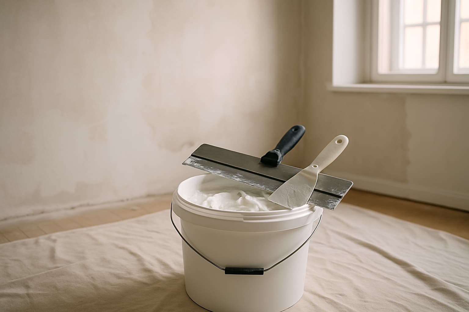 Emmer met kant en klare stucpasta en een stalen spackmes op een stofdoek voor een deels afgewerkte wand in een leeg vertrek