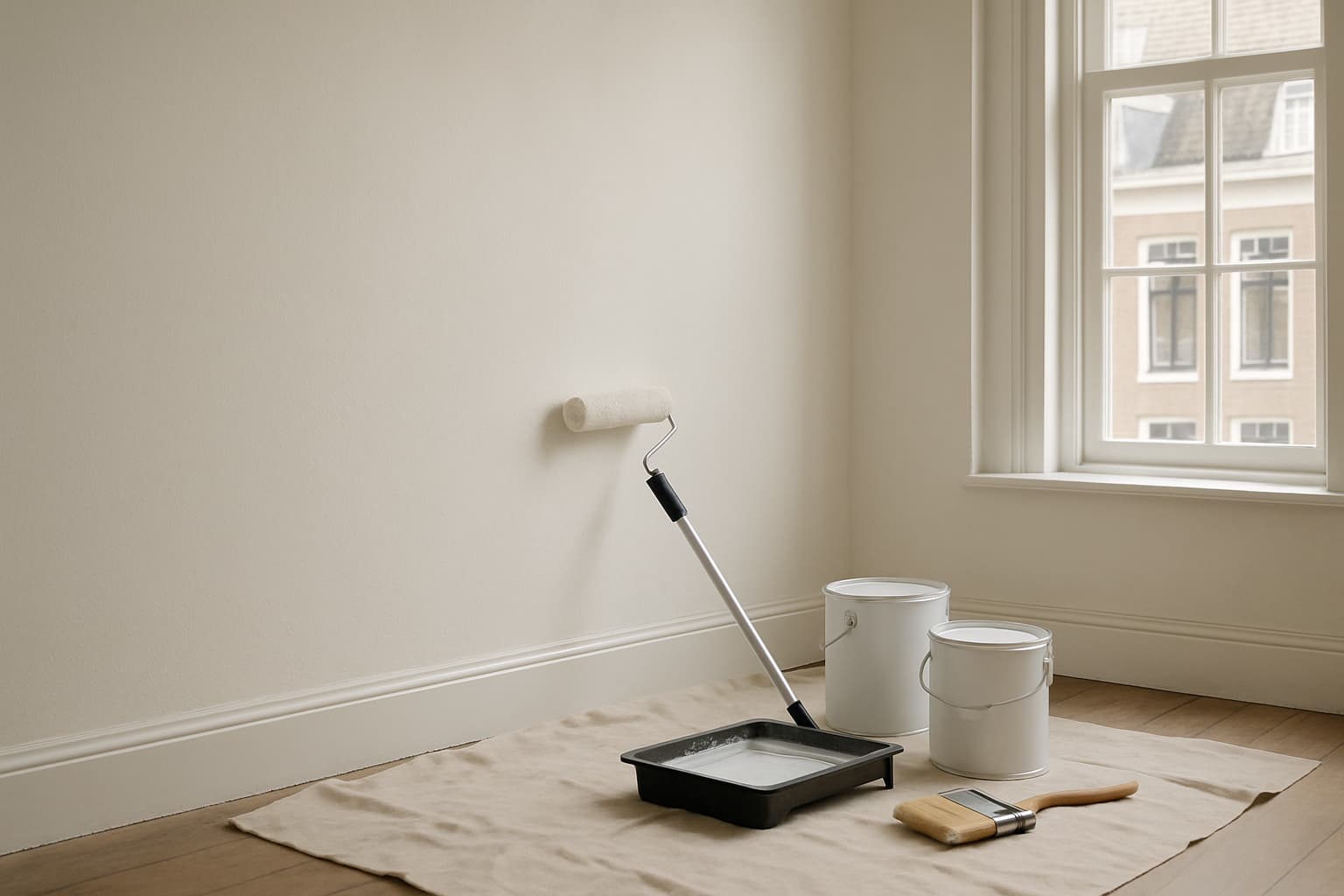 Vers gestucte witte wand in een lege kamer met verfrollers, kwast en verfemmers met matte muurverf op een afdekzeil, in natuurlijk daglicht