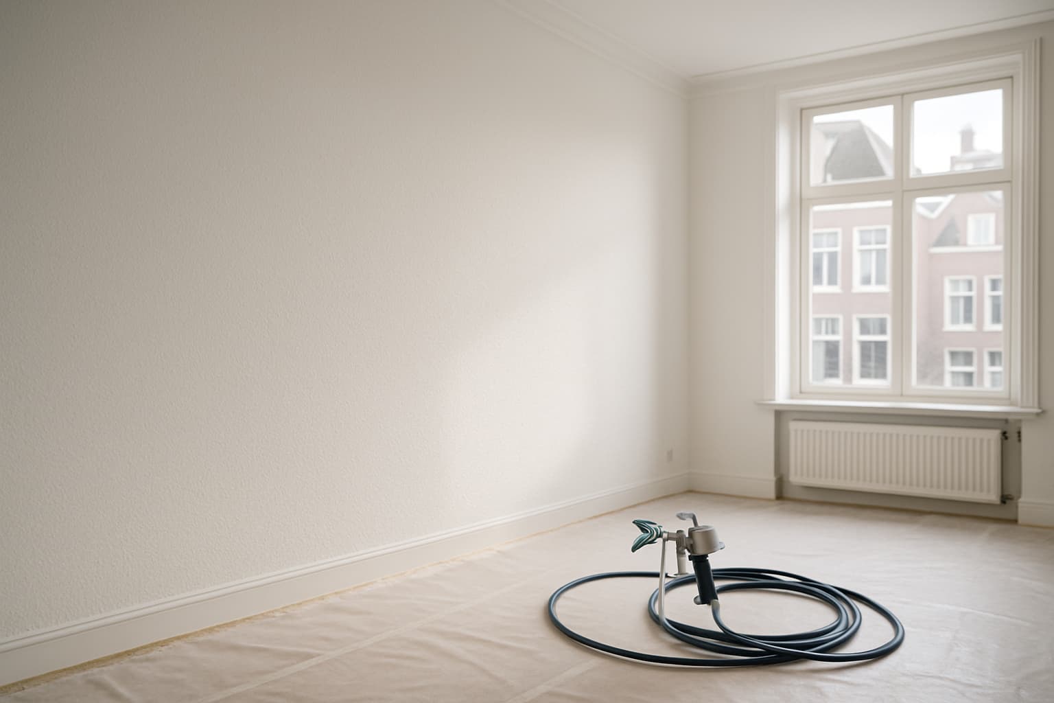 Lege woonkamer met wit spuitwerk op de wanden, daglicht dat de fijne structuur zichtbaar maakt en een spuitpistool met slang op de afgedekte vloer