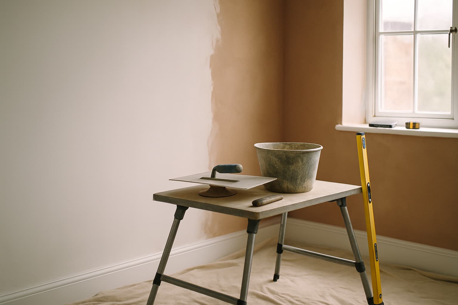Lichte kamer tijdens stucwerk met glad afgewerkte wand, stukadoorsgereedschap op een werktafel en een rolmaat met notitieblok op de vensterbank