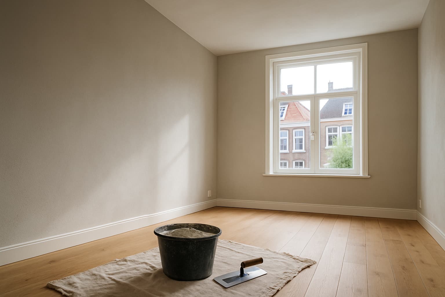 Lege lichte woonkamer met glad gestuukte wanden en plafond, met een stukadoorstroffel en emmer stucmortel op een stofdoek op de vloer