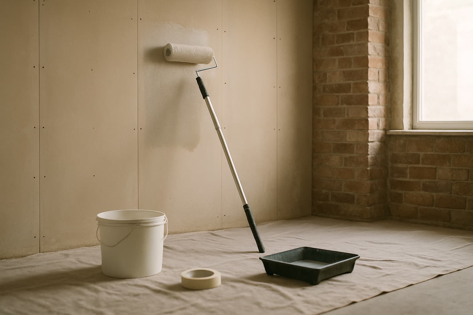 Lege renovatieruimte waar met een roller voorstrijkmiddel op een poreuze wand wordt aangebracht, met emmer primer en afdekzeil bij daglicht