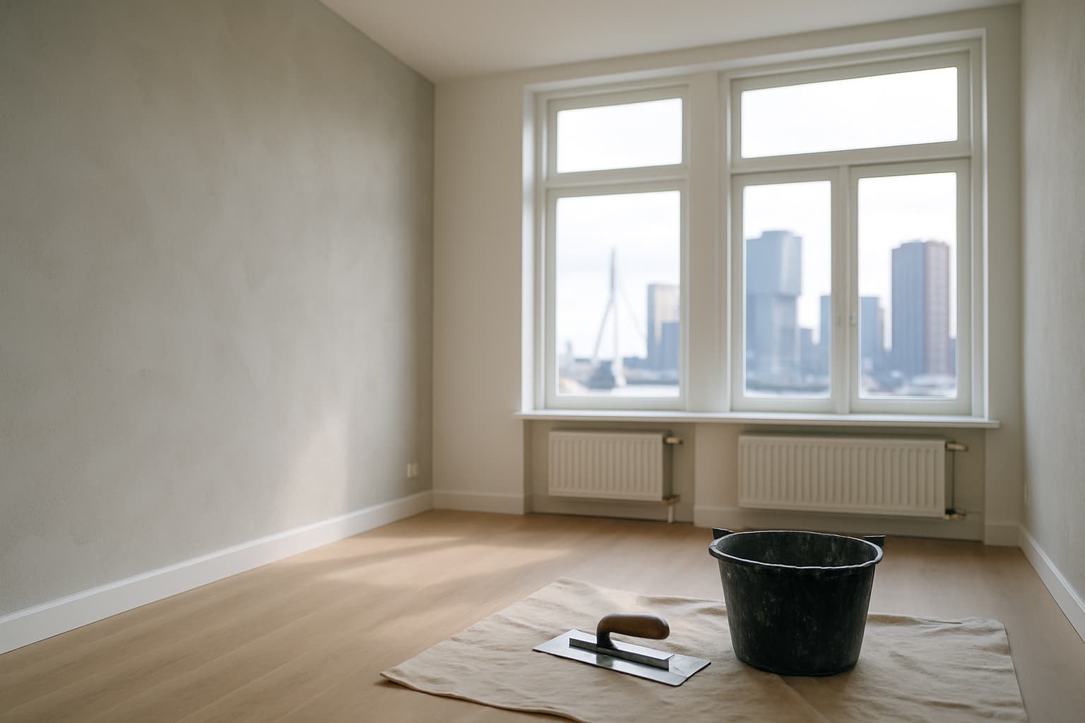 Lichte, lege kamer met glad gestuukte wanden en stukadoorsgereedschap op een dekzeil, met uitzicht op moderne hoogbouw in Rotterdam