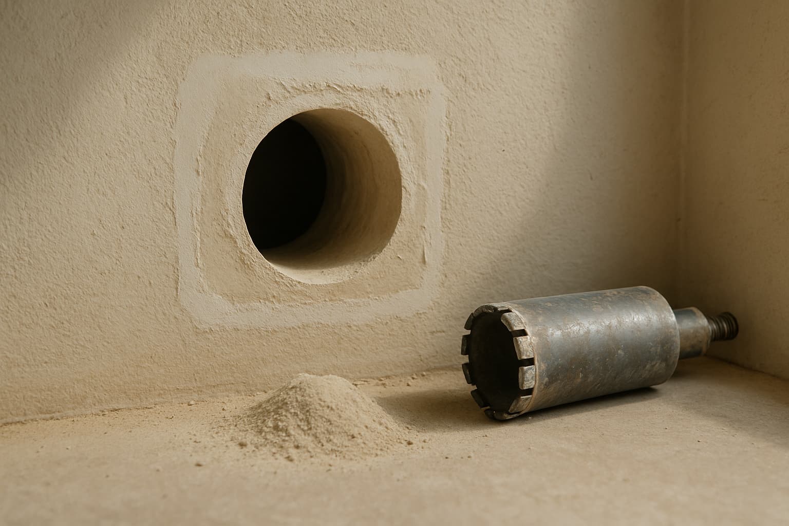 Close-up van een gestucte muur met een geboord rond gat voor een muurventilator, met een kernboor en stucreparatie rondom in natuurlijk daglicht.