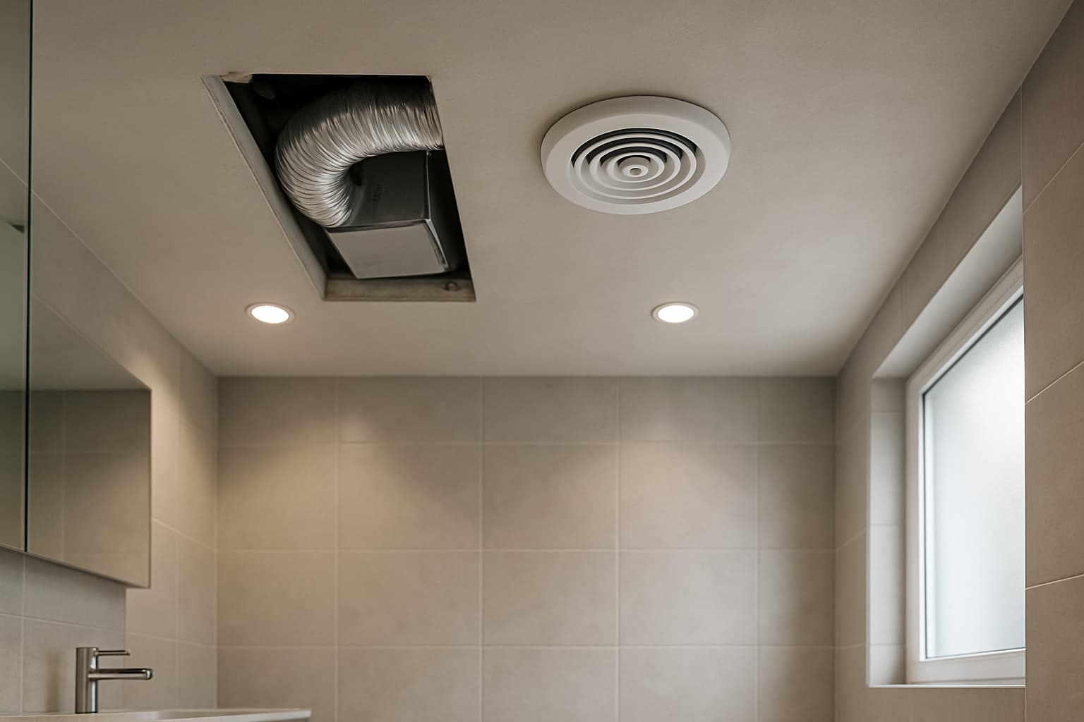Modern badkamerplafond van glad stucwerk met vlak ingebouwd wit ventilatierooster en inbouwspots, met zichtbaar ventilatiekanaal boven een geopend plafonddeel
