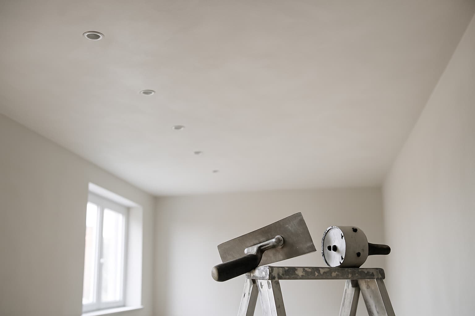 Glad gestuct wit plafond in een lege ruimte met een rij strak afgewerkte inbouwspots, daglicht van een raam en gereedschap op een trapje op de voorgrond.