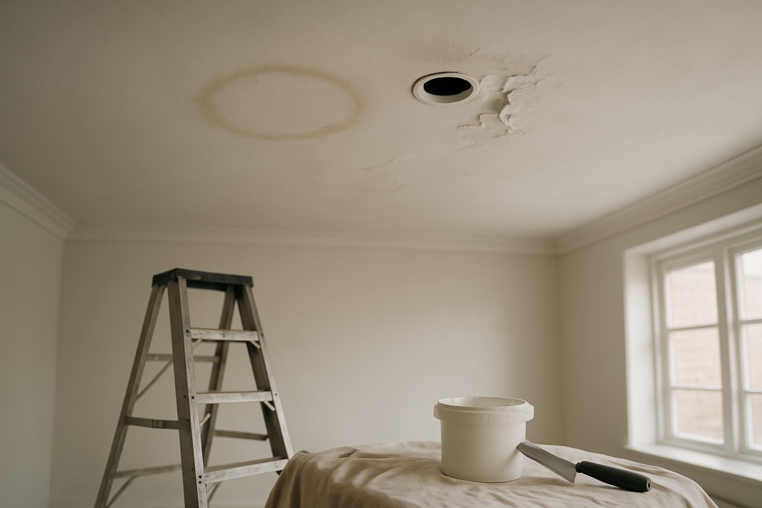 Wit plafond met een lichte vochtvlek rond een inbouwspot, met ladder, stofdoek en plamuurgereedschap eronder in een lege ruimte