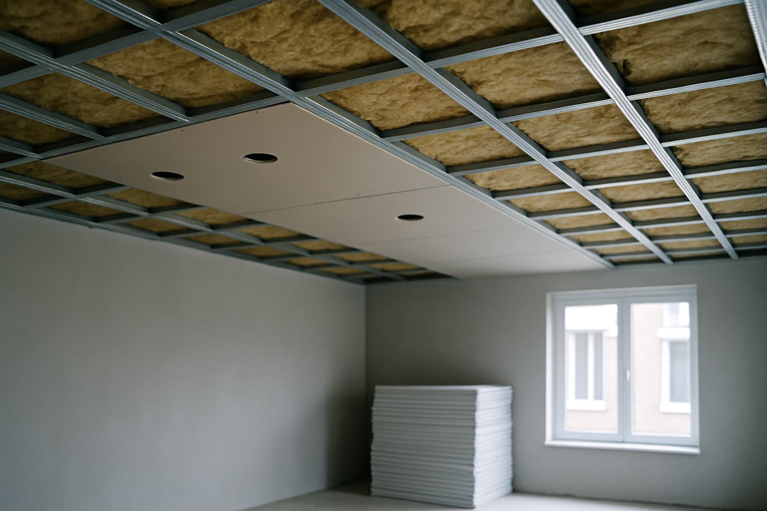 Gedeeltelijk afgebouwd verlaagd plafond met metalen frame, isolatiewol tussen de profielen en gipsplaten met uitsparingen voor inbouwspots in een lege ruimte met daglicht.