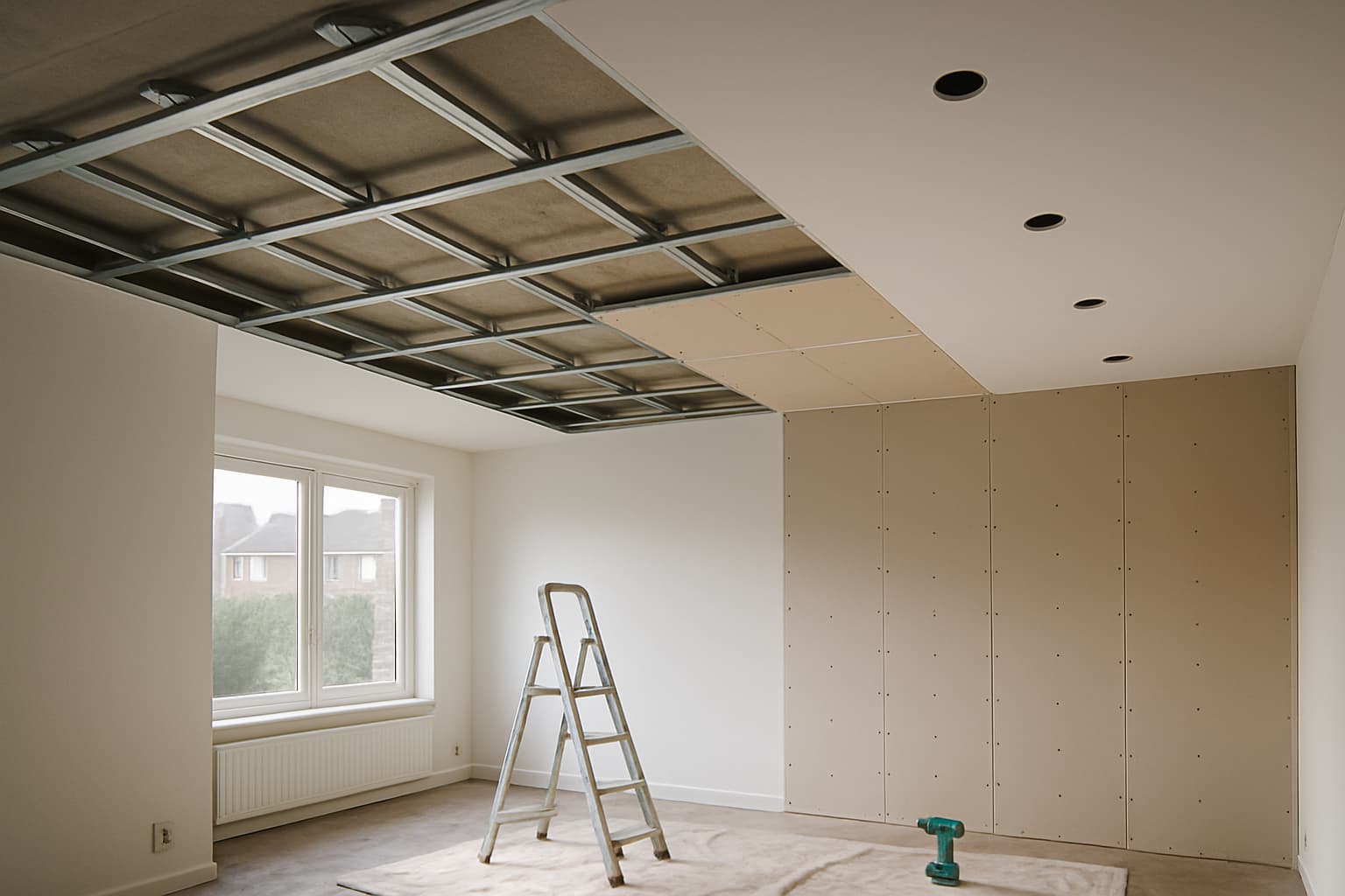 Half afgewerkt verlaagd plafond met metalen regelwerk, gipsplaten en uitsparingen voor inbouwspots in een lege woonkamer met daglicht