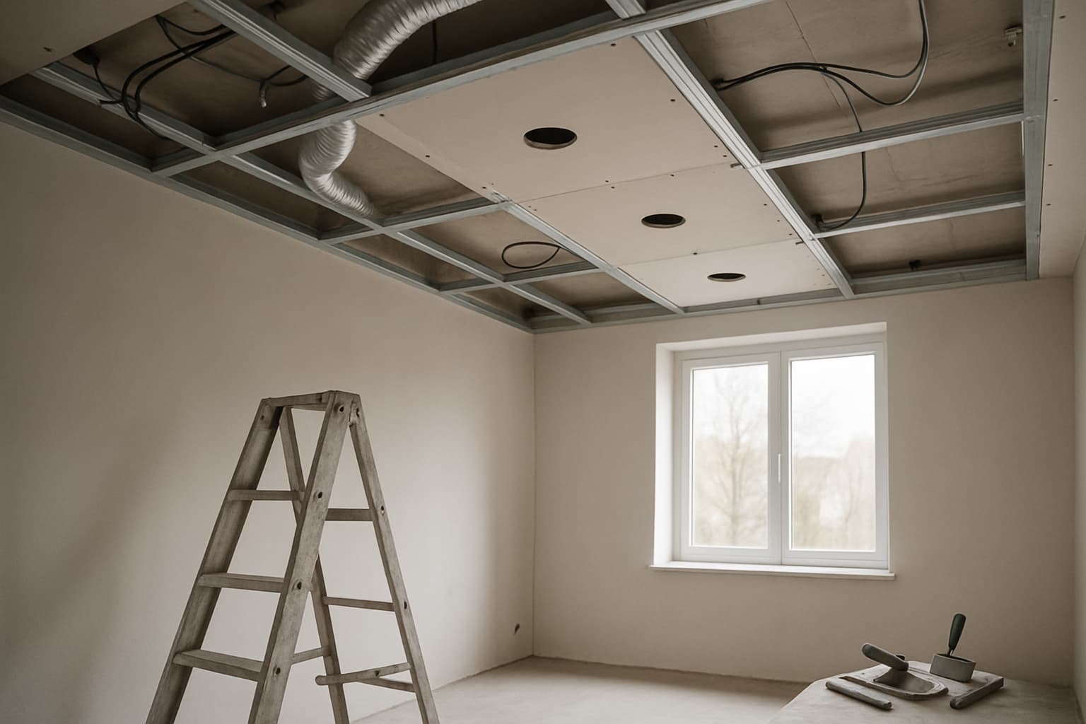 Deels afgebouwd verlaagd plafond met metalen profielen, gipsplaten, uitsparingen voor inbouwspots en weggewerkte ventilatieslang en leidingen in een lichte ruimte