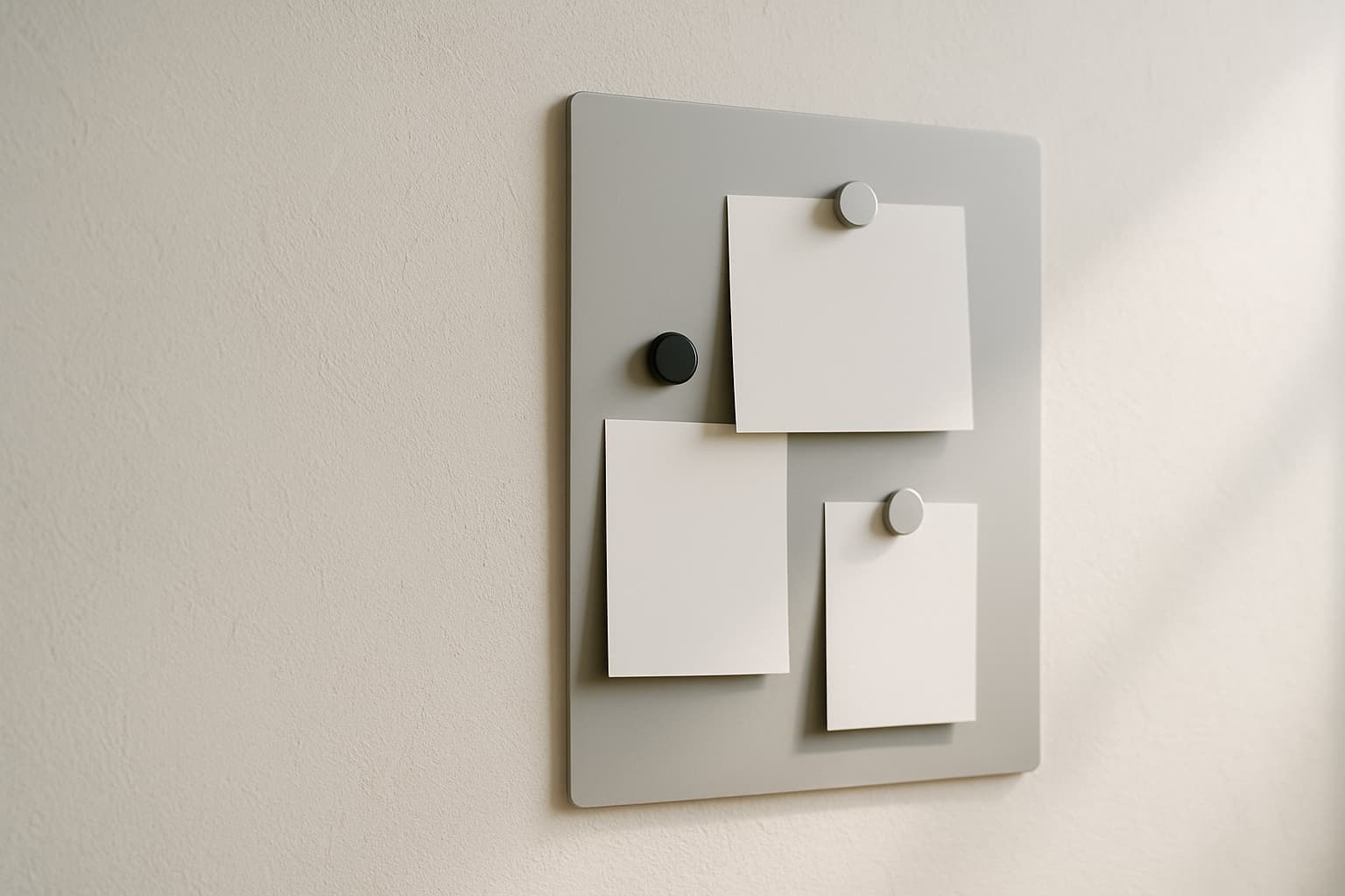 Detail van een gladde, licht gestucte wand met een dun magneetvlak waarop magneten blanco kaartjes vasthouden, in zacht daglicht