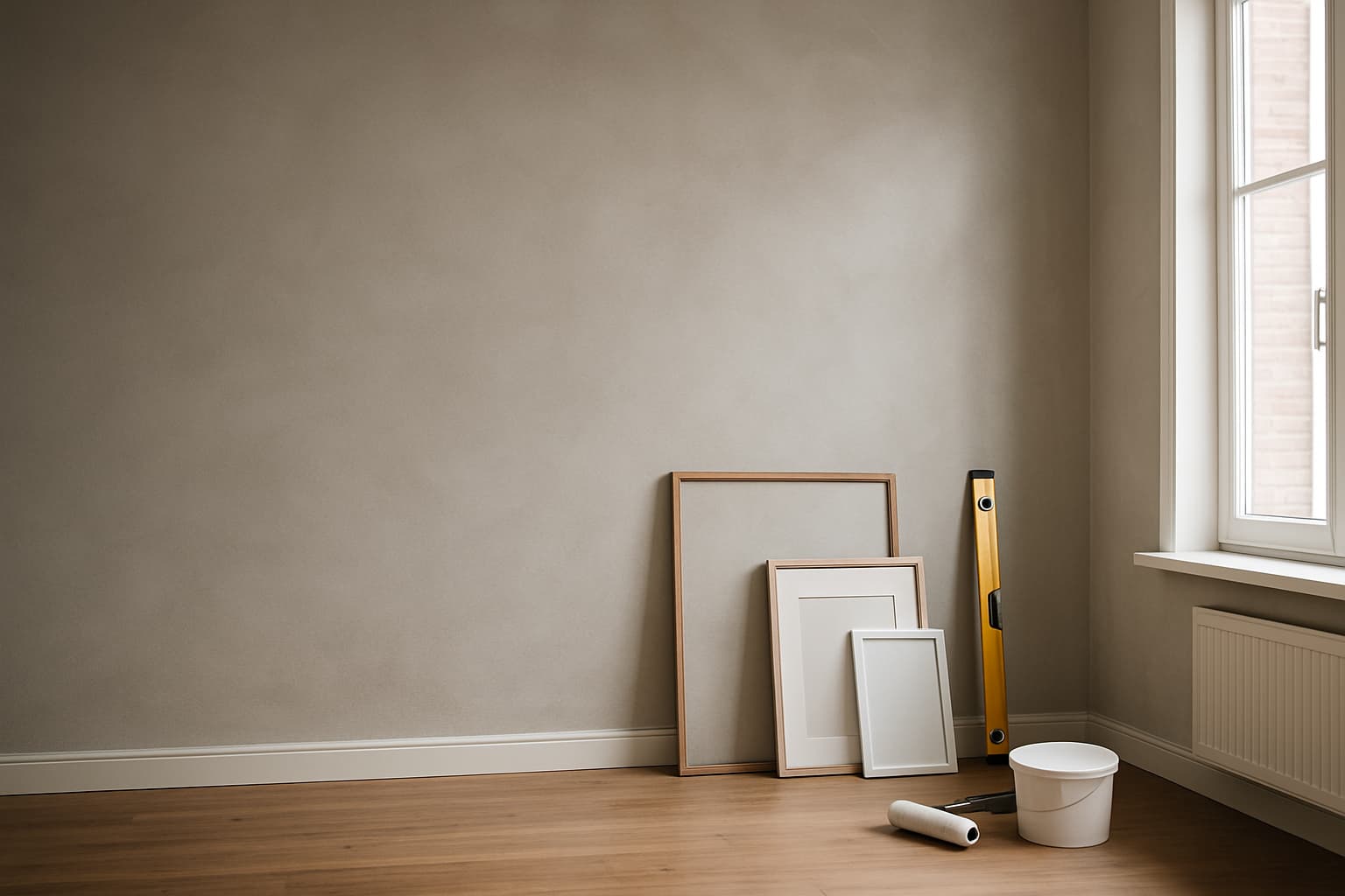 Pas gestucte lichte wand in een lege woonkamer met daglicht, lege lijsten, waterpas en verfroller tegen de plint