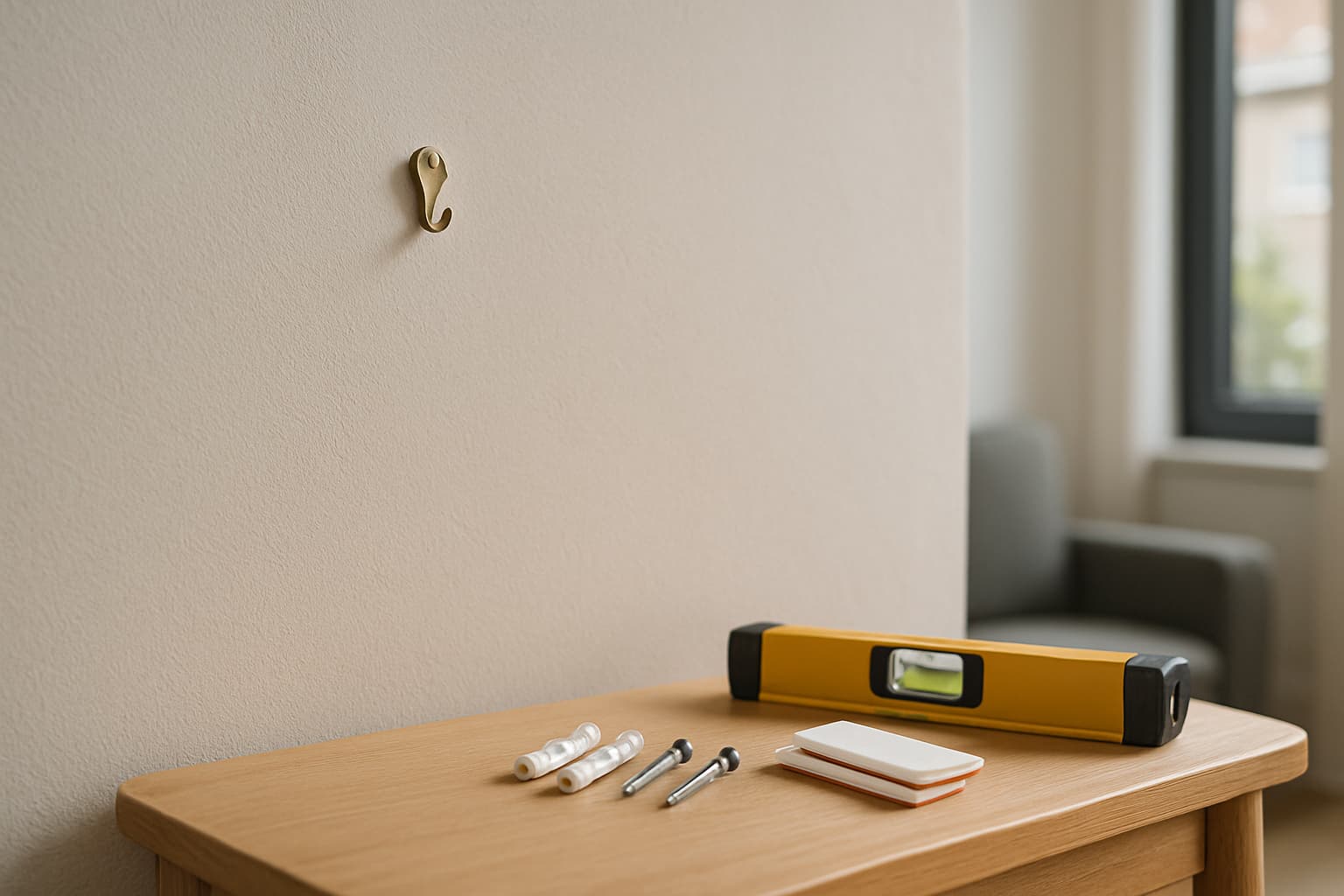 Detail van een gladde, wit gestucte muur met een messing ophanghaakje, pluggen, plakstrips en een waterpas op een eikenhouten tafeltje in daglicht.