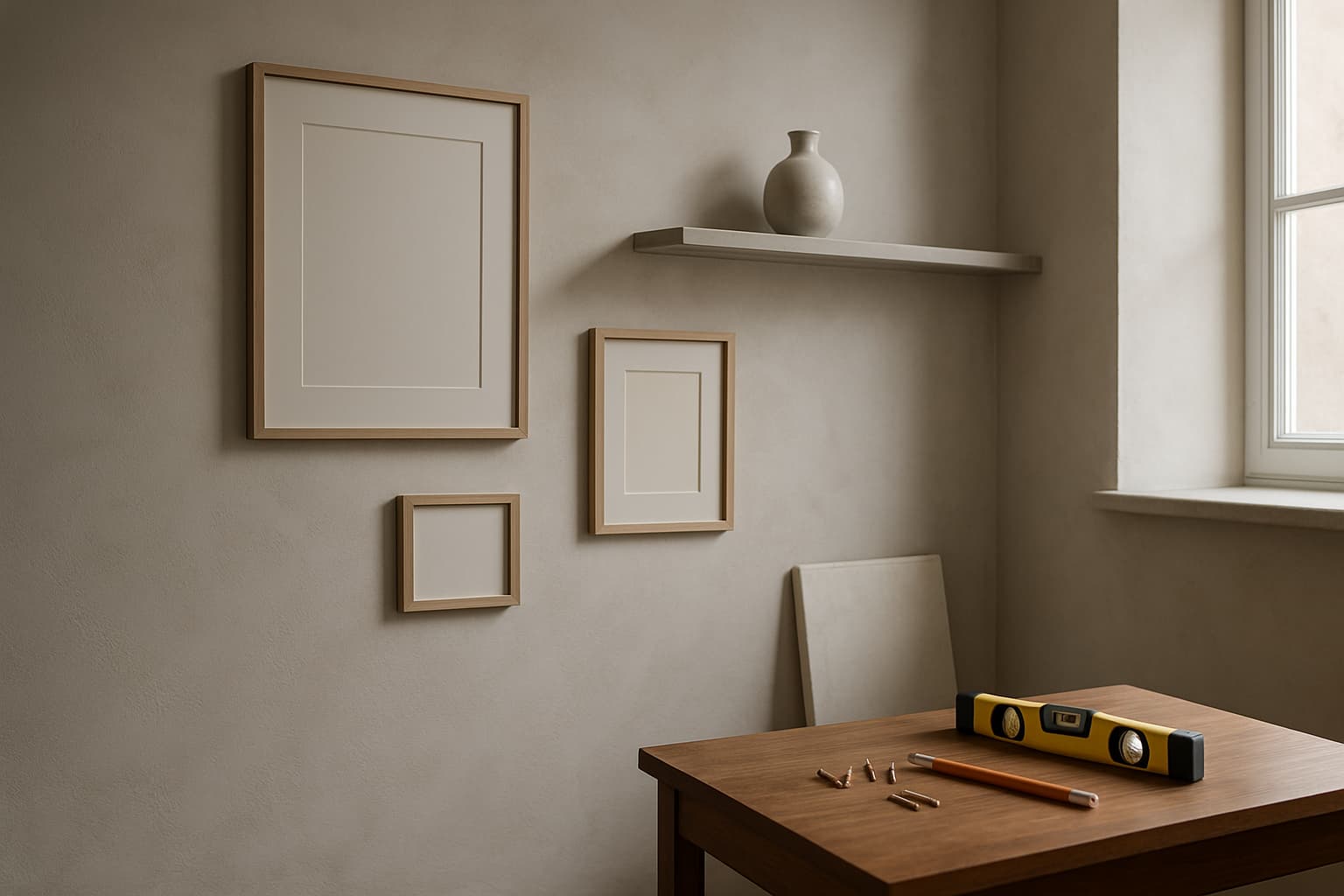 Lichte woonkamer met gladde gestucte wand, lege fotolijsten tegen de muur en ophangmateriaal met waterpas op een houten bijzettafel in daglicht.