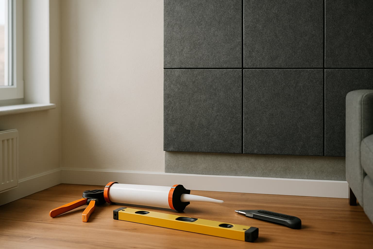 Moderne woonkamerwand deels bekleed met donkergrijze akoestische viltpanelen op een gestucte muur, met kitpistool, waterpas en stanleymes op de vloer.