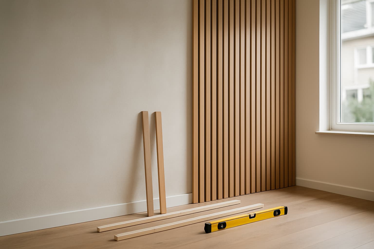 Gestucte wand in een lege woonkamer waarop deels verticale houten lattenpanelen zijn gemonteerd, met losse latten en een waterpas op de vloer bij daglicht