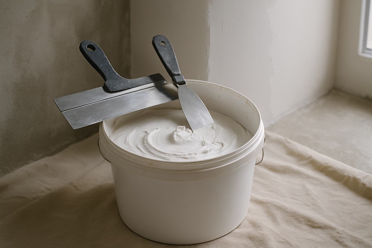 Emmer met kant en klare witte stucpasta met plamuurmes en spackspaan naast een wand met een dun aangebrachte laag, in daglicht