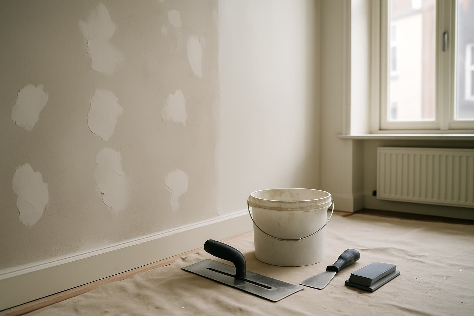Deels gladgemaakte wand met vulmiddel en verse stuclaag, met plakspaan, spatel en schuurblok op een afgedekte vloer bij daglicht